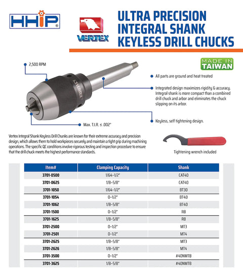 MT3 Integrated Keyless Drill Chuck With 0 To One Half Inch Capacity Self Tightening Design For Quick Tool Changes Rock Solid Rigidity