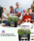 Family gathered around Hydroponic Growing System Kit With 16 Pods No Fuss Smart Herb Garden, indoor setting, Black.