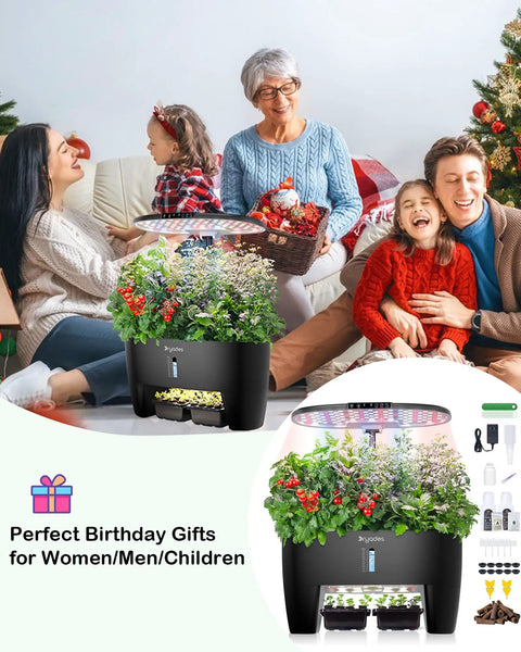 Family gathered around Hydroponic Growing System Kit With 16 Pods No Fuss Smart Herb Garden, indoor setting, Black.