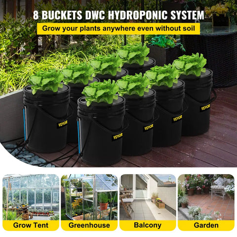 DWC Deep Water Culture Hydroponic System For Indoor Outdoor Leafy Greens With 8 Buckets Holding 5 Gallons Each on deck