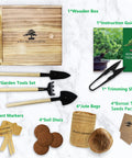 Beginner Bonsai Tree Starter Kit For Indoor Gardening with garden tools, wooden box, instructions, and multiple accessories.