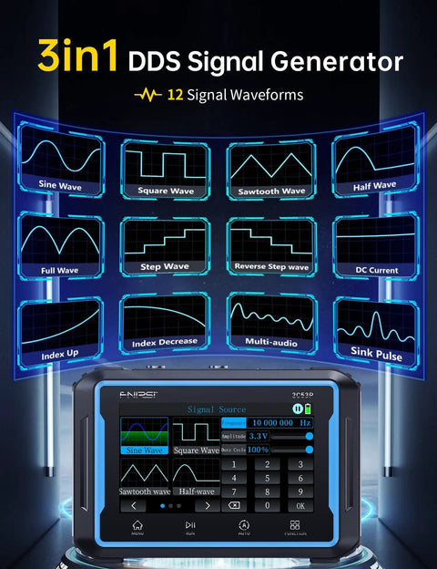 Handheld 2 Channel Oscilloscope Multimeter With DDS Signal Generator 3 In 1 For DIY Folks, displaying 12 waveforms