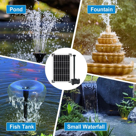 Sun Powered Solar Fountain Pump Kit with 25 Watt Panel showing use in pond, fountain, fish tank, and small waterfall.