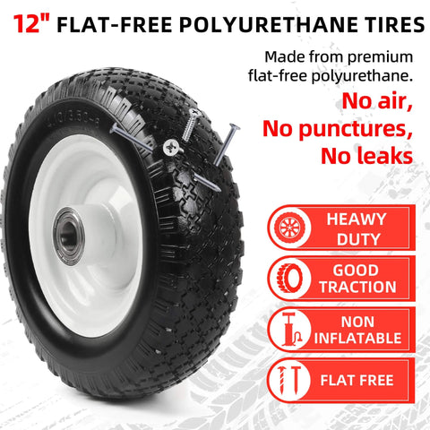 12 Inch Flat Free Solid Tire And Wheel Set For Trailer Dollies And Utility Carts With Centered Hub Size Three And Three Quarters Inch And One Inch Bore Fits 25mm Axle Shaft Replacement Heavy Duty polyurethane tire with screws
