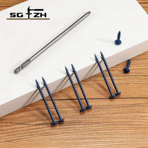 Pocket Hole Screws Size Eight Two And A Half Inch Ninety Pieces Heavy Duty Carbon Steel Blue Washer Head Coarse Thread Square Drive Includes One Hundred Fifty Millimeter Drive Bit For DIY Woodworking And Cabinet Making displayed with screws and bit.