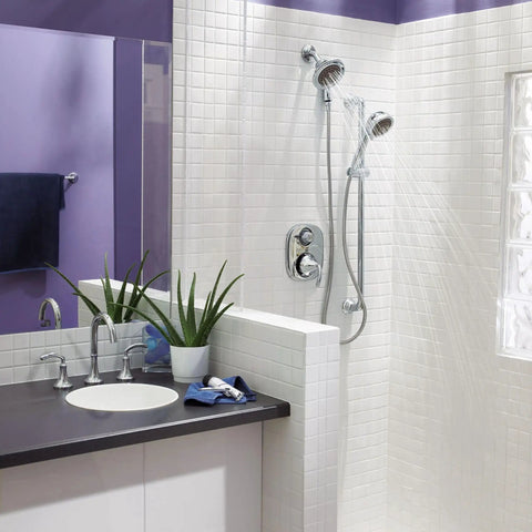 Icon Chrome One-Function Showerhead With Five Seven Eighths Inch Diameter Full Spray, 2.5 GPM, Easy Install in a modern bathroom