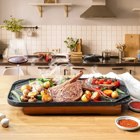 Nonstick Griddle And Grill Pan Pro Grid Reversible Two Burner Cast Aluminum Portable for indoor stovetop cooking with steak and vegetables.