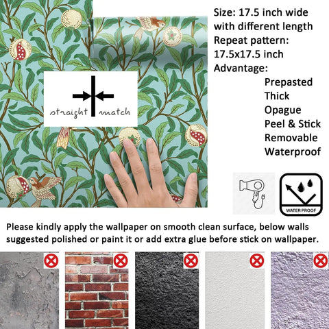 Hassle Free Peel And Stick Wallpaper Featuring Vintage Botanical Bird Graphics And Teal Green Pomegranate Vibes For Smooth Cabinet Wraps And Prepasted Removable Vinyl Rolls, displaying size 17.5 inches.