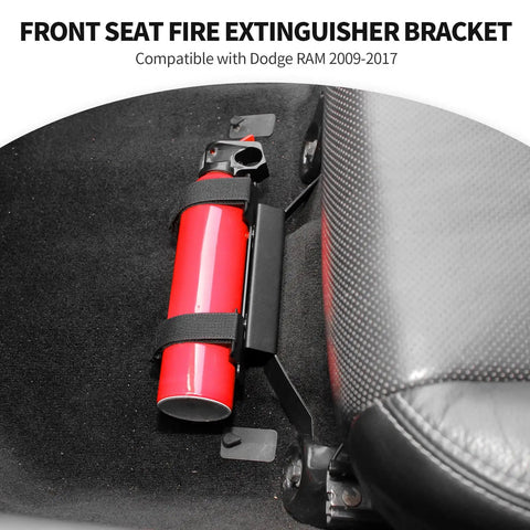 Under Seat Fire Extinguisher Bracket Mount for Dodge Ram Trucks 2009 Through 2017, installed under seat with extinguisher
