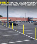 Knockout Yellow Steel Bollard Post Forty Eight Inches Tall Five Point Five Inch Diameter Pipe Hella Tough Parking Shield For Lot Safety And Traffic Guarding Setup in parking lot setting.
