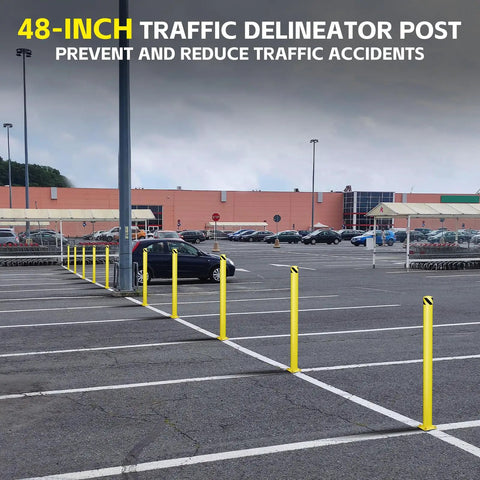 Knockout Yellow Steel Bollard Post Forty Eight Inches Tall Five Point Five Inch Diameter Pipe Hella Tough Parking Shield For Lot Safety And Traffic Guarding Setup in parking lot setting.
