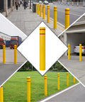 Rock Solid Heavy Duty Yellow Safety Bollard Post Protective Cover With Bright Red Reflective Strips Anti Collision Guard Sleeve For 4 Inch Metal Poles 46 Inch Tall Driveway Shield in urban settings and driveway.