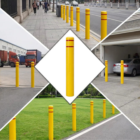 Rock Solid Heavy Duty Yellow Safety Bollard Post Protective Cover With Bright Red Reflective Strips Anti Collision Guard Sleeve For 4 Inch Metal Poles 46 Inch Tall Driveway Shield in urban settings and driveway.
