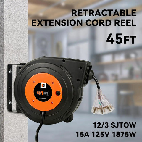 Retractable Extension Cord Reel With 45 Ft Heavy Duty 12 AWG 3C SJTOW Cord 15 Amp Circuit Breaker Lighted Triple Tap Ceiling Or Wall Mount UL Listed Power Station For Garage Shop Or Home Use