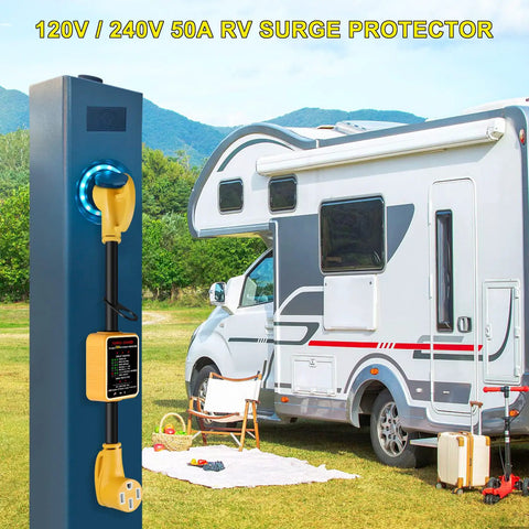 RV Surge Protector 50 Amp With 5000 Joules Surge Protection Voltage Monitor And Circuit Analyzer next to camper