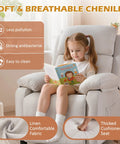 Child reading on Cozy Linen Recliner Chair With Padded Deep Seat And Side Pockets, Easy Manual Recline To Near Flat
