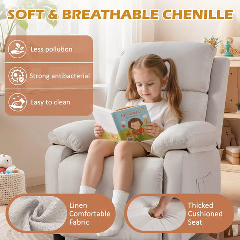 Child reading on Cozy Linen Recliner Chair With Padded Deep Seat And Side Pockets, Easy Manual Recline To Near Flat