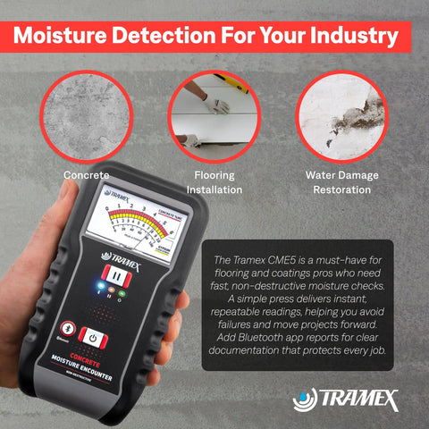Concrete Moisture Encounter CME5 Meter For Quick Non Destructive No Guesswork Reading Of Moisture Content In Concrete Floors Slabs And Screeds ASTM F2659 Compliant Accurate Gravimetric Baseline Testing handheld meter on concrete floor