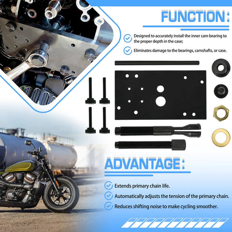 FQRANBO camshaft bearing remover/installer kit for Harley-Davidson Milwaukee-Eight; black metal plate.