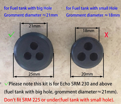 Comparison of 3 Hole Fuel Line Gas Tank Grommet 21mm ID Replacement for Trimmer and Power Blower vs incorrect size