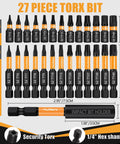 Torx Security Bit Set With 27 Pieces Tamper Proof Precision Bits Including 2 Inch And 1 Inch Lengths Magnetic Holder And One Quarter Inch Hex Shank A Pro Grade DIY Tool Kit For Home Repairs And Weekend Projects displayed in layout with sizes.