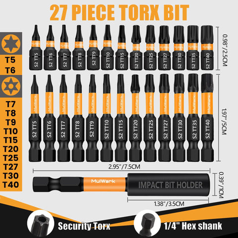 Torx Security Bit Set With 27 Pieces Tamper Proof Precision Bits Including 2 Inch And 1 Inch Lengths Magnetic Holder And One Quarter Inch Hex Shank A Pro Grade DIY Tool Kit For Home Repairs And Weekend Projects displayed in layout with sizes.