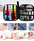 Open All In One Travel Sewing Kit for Beginners and Adults with Scissors, 18 Thread Colors, showing contents and use examples.
