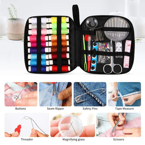 Open All In One Travel Sewing Kit for Beginners and Adults with Scissors, 18 Thread Colors, showing contents and use examples.