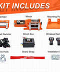 Kit components for 2500 Lb ATV UTV Electric Winch Kit With 12V Steel Cable, Dual Wireless Remotes, Waterproof Portable Recovery Winch.