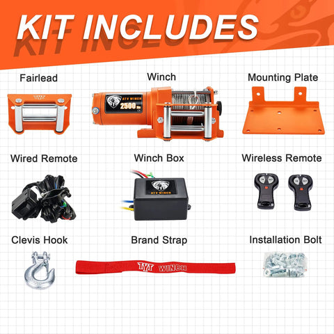 Kit components for 2500 Lb ATV UTV Electric Winch Kit With 12V Steel Cable, Dual Wireless Remotes, Waterproof Portable Recovery Winch.