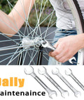 Person using wrench from 61 Piece Mechanic Tool Set With Socket Wrenches And Auto Repair Must Have Gear In Durable Chrome Finish Plastic Storage Case For Home Diy Projects And Everyday Auto And Household Fixes on bicycle wheel