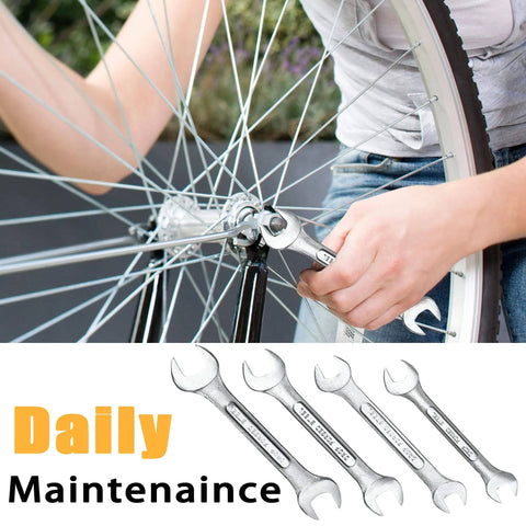 Person using wrench from 61 Piece Mechanic Tool Set With Socket Wrenches And Auto Repair Must Have Gear In Durable Chrome Finish Plastic Storage Case For Home Diy Projects And Everyday Auto And Household Fixes on bicycle wheel