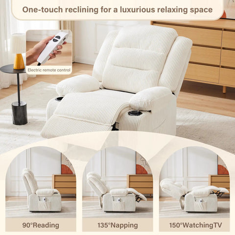 Power Pushback Electric Recliner With Cup Holders For Adults in living room with remote and multiple reclining positions shown