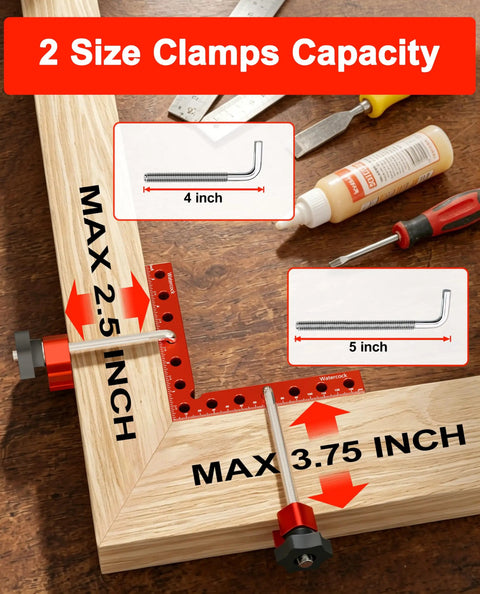 Wooden frame with red aluminum clamps, 4 and 5 inch measurements, 12 Pack Corner Clamps For Woodworking 90 Degree Right Angle Aluminum Clamps