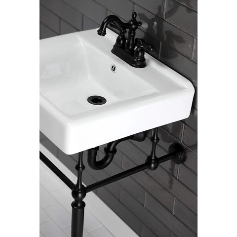 Heritage 4 Inch Centerset Lavatory Faucet Matte Black With Pop Up Drain Deck Mount on white sink against gray tiles.