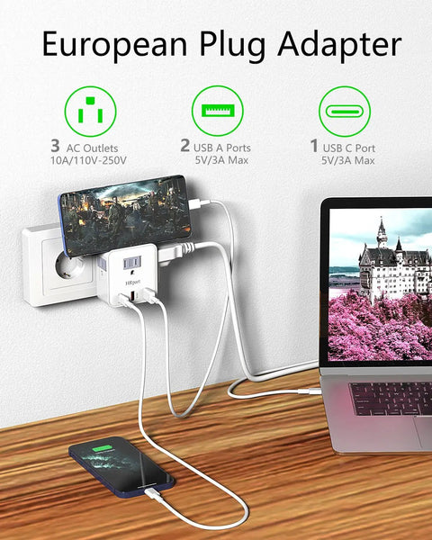 Six In One European Travel Plug Adapter With 20W PD USB C And USB A QC 3.0 Ports charging multiple devices on a desk