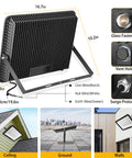 Back view of 300W LED Flood Light Hella Bright 42500 Lumen Daylight 5000K IP66 with mounting options and close-up details displayed.