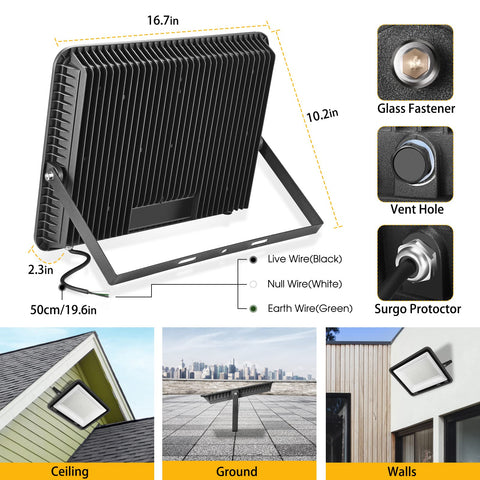 Back view of 300W LED Flood Light Hella Bright 42500 Lumen Daylight 5000K IP66 with mounting options and close-up details displayed.