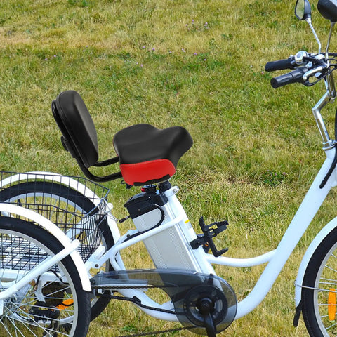 Ultra Comfy Bike Seat Pad With Adjustable Backrest For Bicycle And Tricycle Wide Foam Cushion Saddle With Soft PU Surface Universal Back Rest Replacement Cushion For Electric Bikes Durable And Supportive Black Red on white electric tricycle, side view