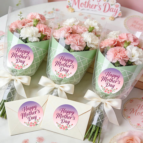 Three bouquets of pink and white carnations with 'Happy Mother's Day' stickers, beside two envelopes with matching stickers.