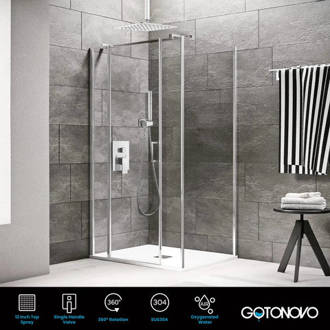 Modern bathroom with All In One Ceiling Mount Shower System With 12 Inch Rainfall Showerhead And Handheld Sprayer, Chrome Finish.