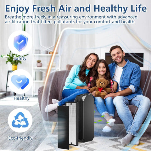 Heavy Duty HEPA Filter Bundle For Eureka NEA120 And Toshiba CAF W36USW Air Purifiers with family sitting on couch