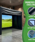 Inflatable Golf Simulator Tent 10x13x10 Ft for indoor practice with projection screen, blackout PVC material, office setup
