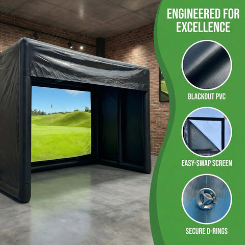 Inflatable Golf Simulator Tent 10x13x10 Ft for indoor practice with projection screen, blackout PVC material, office setup