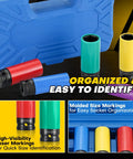 Five Piece One Half Inch Drive Impact Lug Nut Socket Set With Non Marring Thin Wall Design, CRV Alloy, shown with case