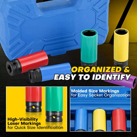 Five Piece One Half Inch Drive Impact Lug Nut Socket Set With Non Marring Thin Wall Design, CRV Alloy, shown with case