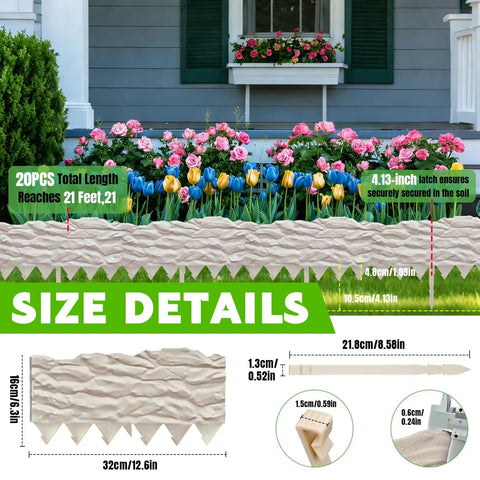 Heavy Duty Plastic Garden Edging Border Kit With 20 Ft Flexible No Dig Borders And 20 Anchoring Stakes For Lawn Pathways And Flower Beds Tool Free Installation Wind Resistant And Low Maintenance showing size dimensions and garden setup
