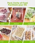 Various foods like meat, seafood, vegetables, fruits, nuts, and snacks vacuum sealed in BPA-free bags for freshness.