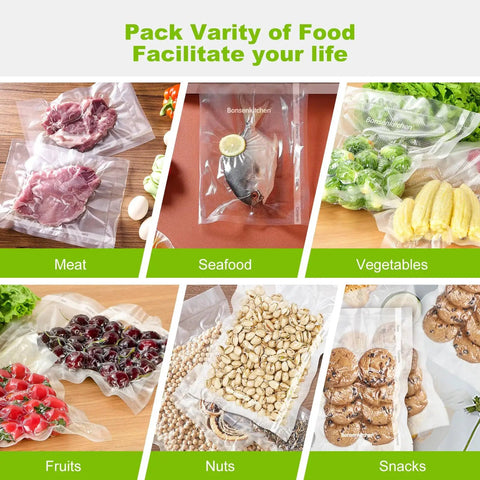 Various foods like meat, seafood, vegetables, fruits, nuts, and snacks vacuum sealed in BPA-free bags for freshness.