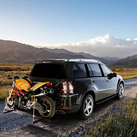 600LBS Motorcycle Carrier Hitch Mounted Rack With Loading Ramp Wheel Chock And Straps Beefy Heavy Duty Steel Hauler for SUV carrying bike